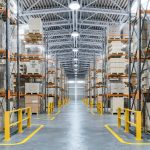 Warehouse or storage and shelves with cardboard boxes. Industria